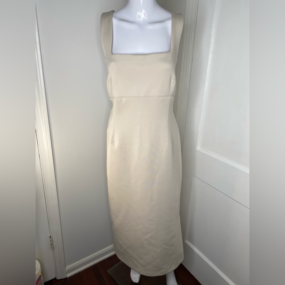 Donna Karan NWT Cream Halter Square Neck Sheath Midi Cross back Dress